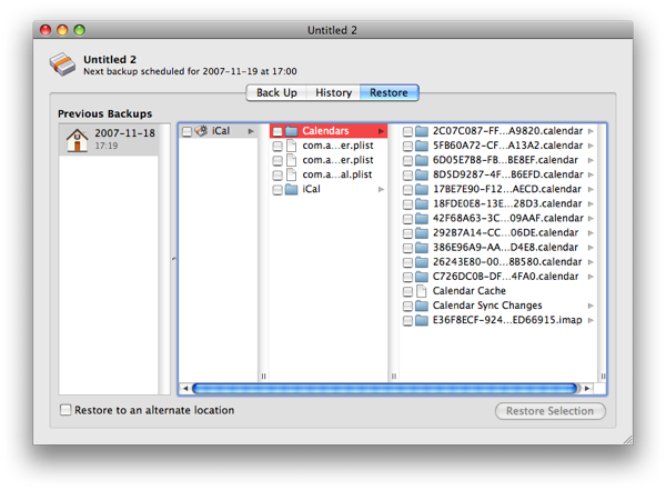 Backup's Interface for restoring iCal calendars